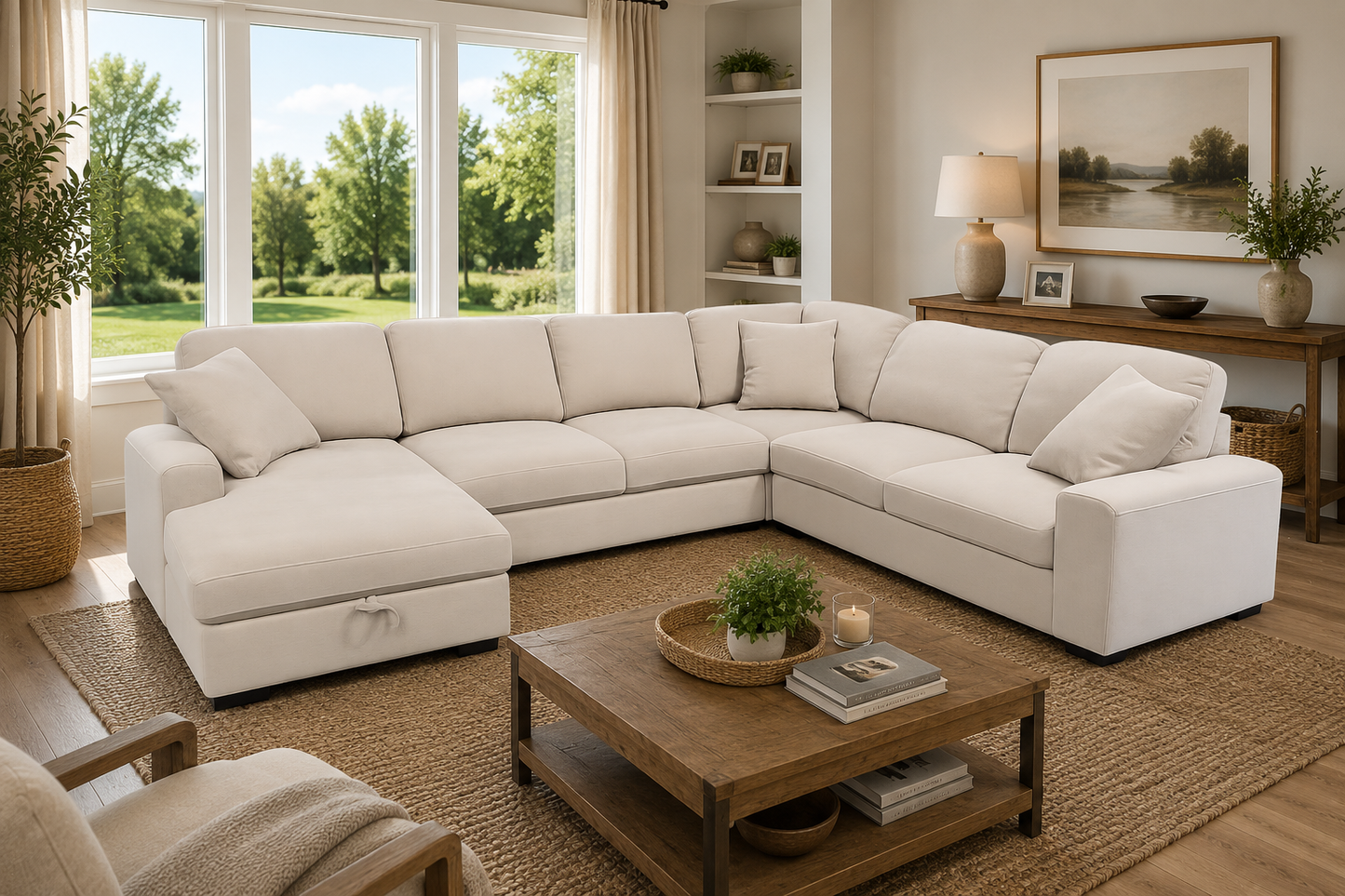 Aspen Beige Fabric Sectional with Storage Chaise