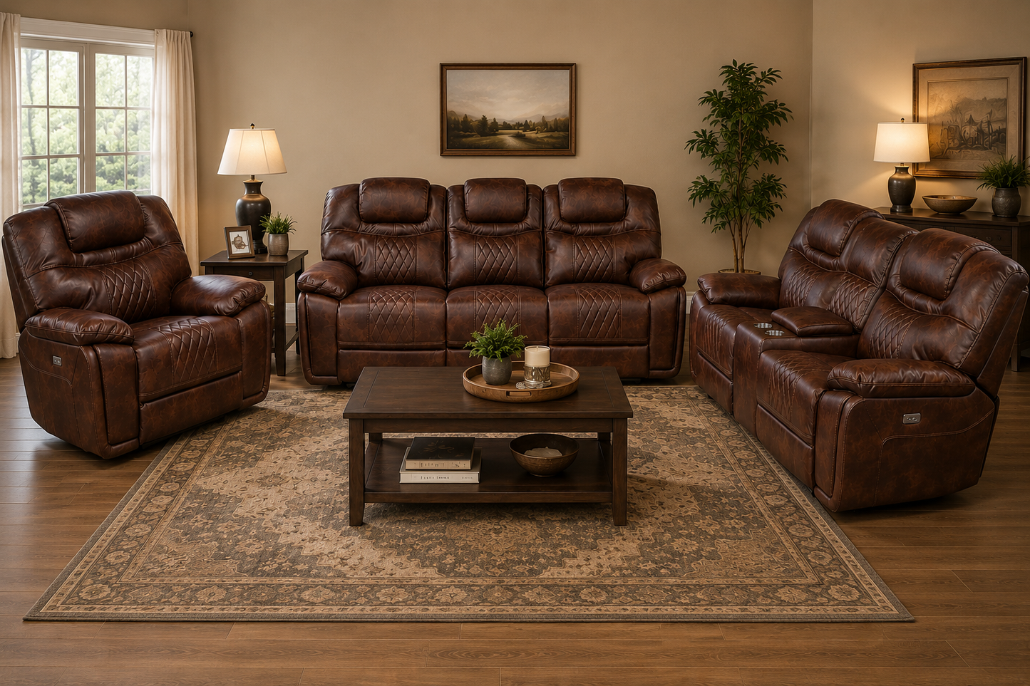 Fulton Power Reclining Leather Gel Sofa Set - Brown