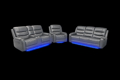 Harper - Leather Aire Manual Reclining Sofa Set with Console, Drop Down Table & LED Lights - Grey