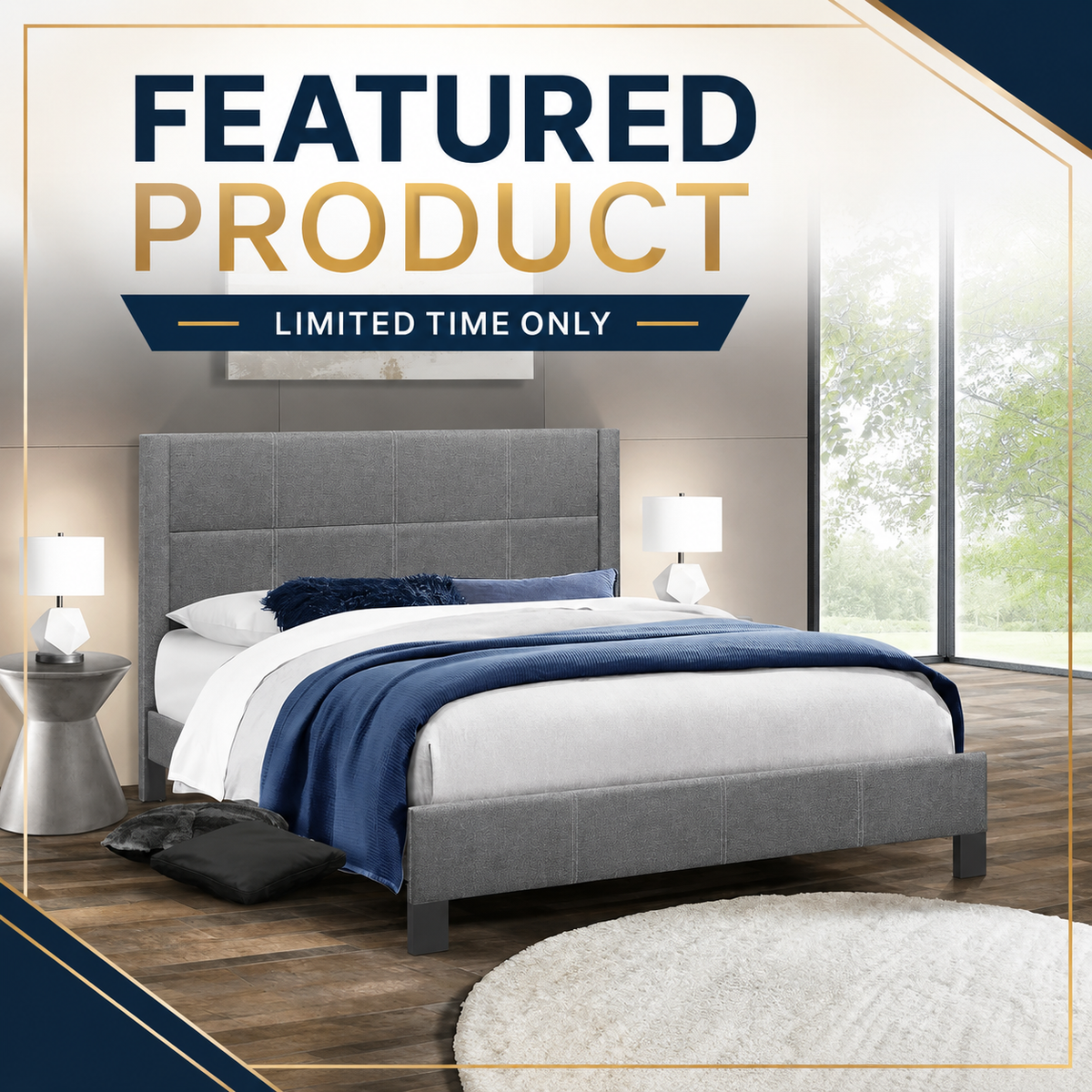 Queen Fabric Platform Bedframe - Dark Grey