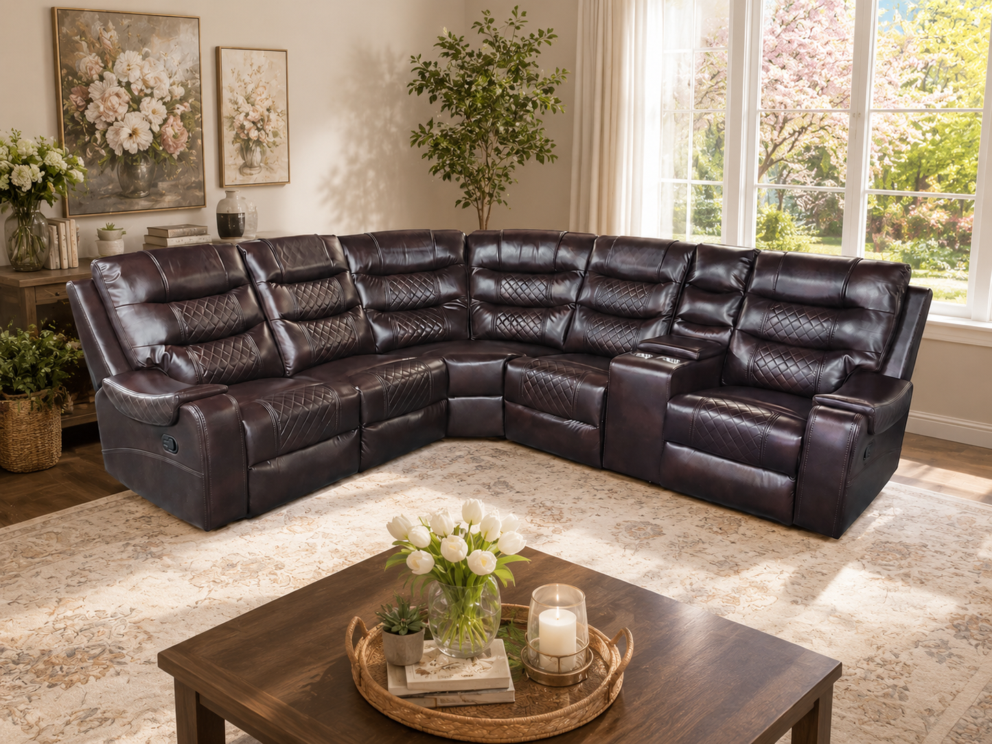 Mirabell Leather Gel Reclining Sectional with Console - Brown