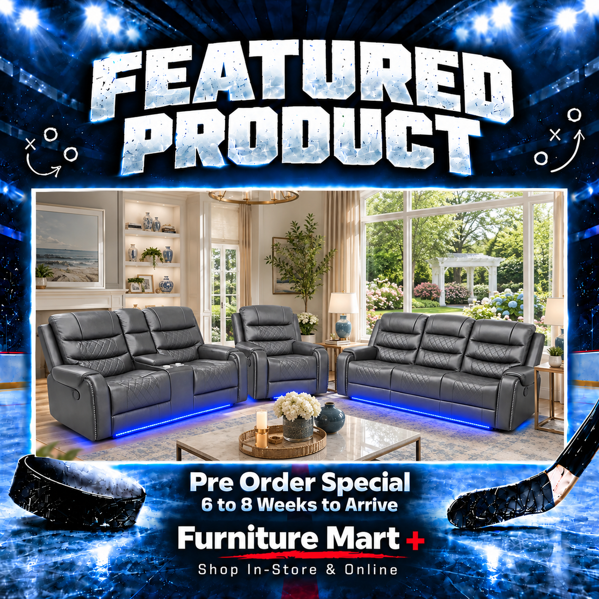 Harper - Leather Aire Manual Reclining Sofa Set with Console, Drop Down Table & LED Lights - Grey