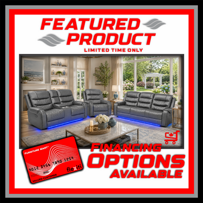 Harper - Leather Aire Manual Reclining Sofa Set with Console, Drop Down Table & LED Lights - Grey
