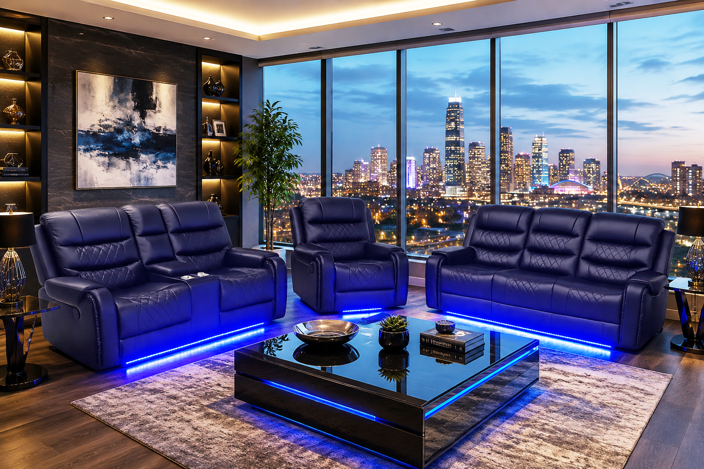 Harper - Leather Aire Manual Reclining Sofa Set with Console, Drop Down Table & LED Lights - Black
