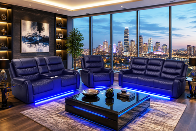 Harper - Leather Aire Manual Reclining Sofa Set with Console, Drop Down Table & LED Lights - Black