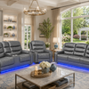 Harper - Leather Aire Manual Reclining Sofa Set with Console, Drop Down Table & LED Lights - Grey