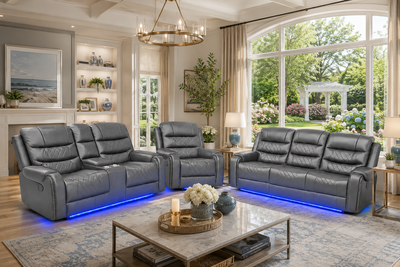 Harper - Leather Aire Manual Reclining Sofa Set with Console, Drop Down Table & LED Lights - Grey