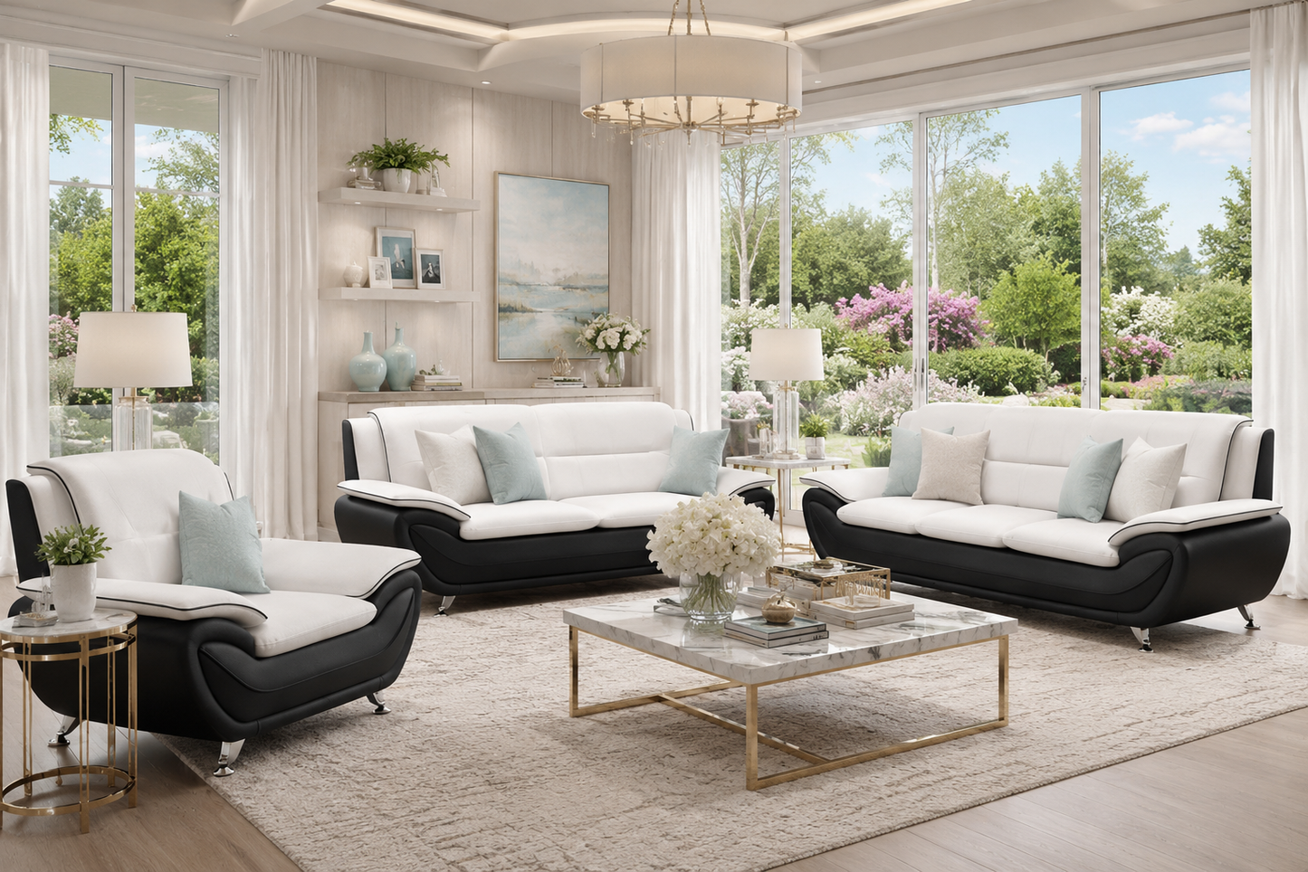 Kingston - Sofa Set Faux Leather - White and Black