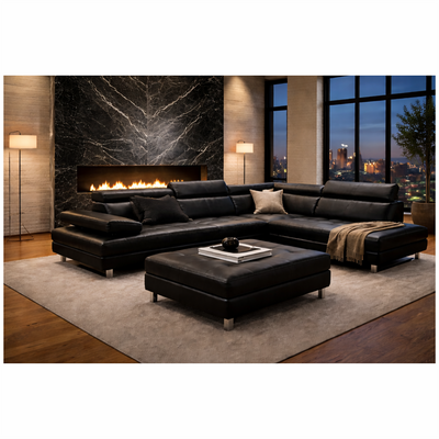 Oscar - Faux Leather Sectional  - Obsidian - Right Chaise (Ottoman available)