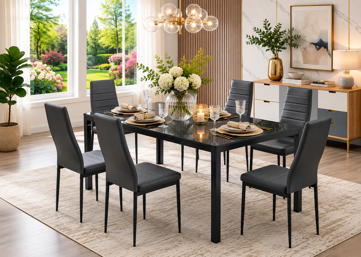 T5051 Glass Top 7 Piece Dining Set - Grey