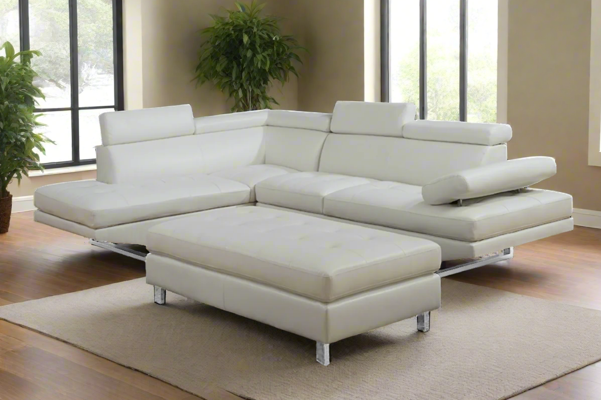 Oscar - Leatherette Sectional  - White - Left Chaise (Ottoman available)