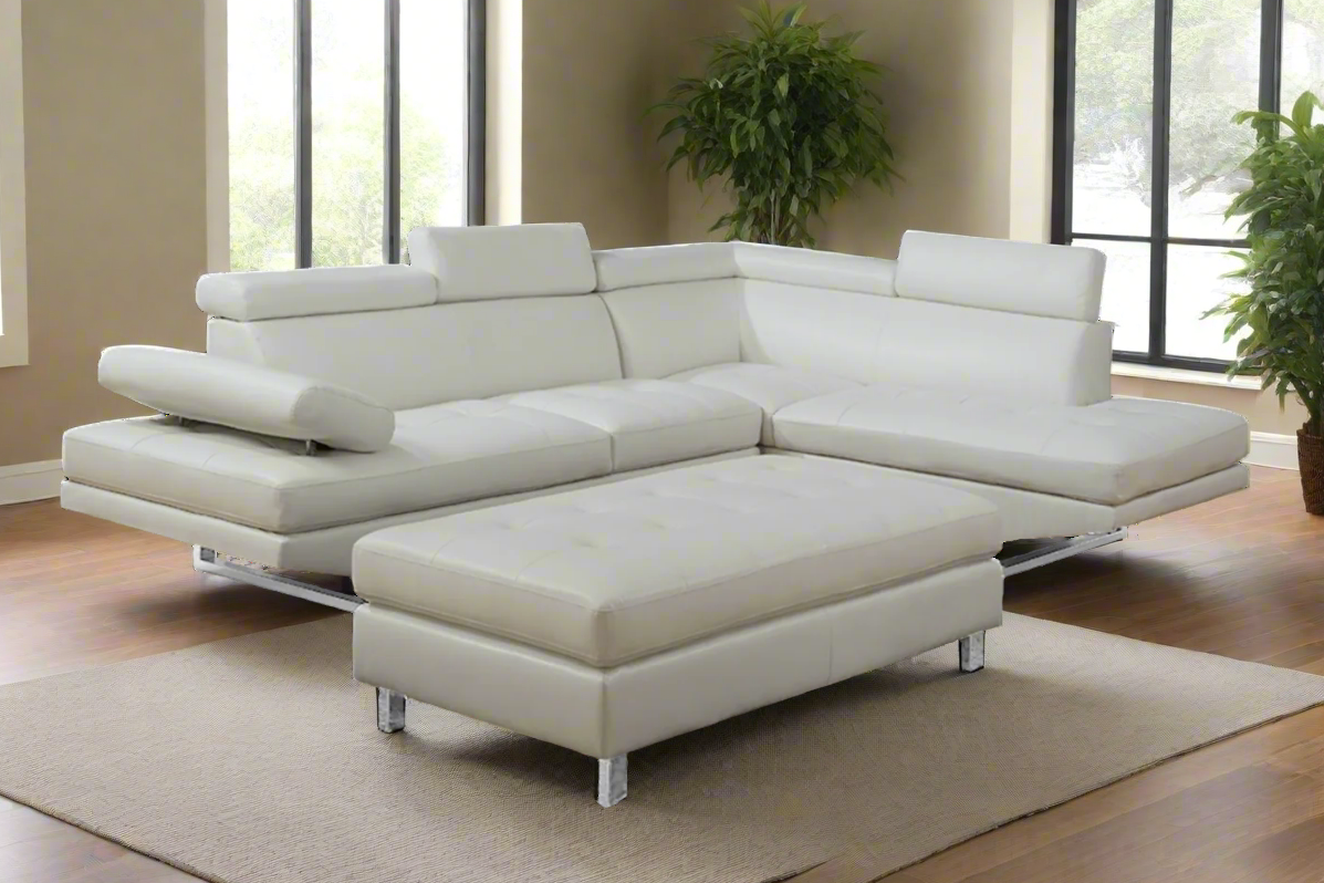 Oscar - Leatherette Sectional  - White - Right Chaise (Ottoman available)