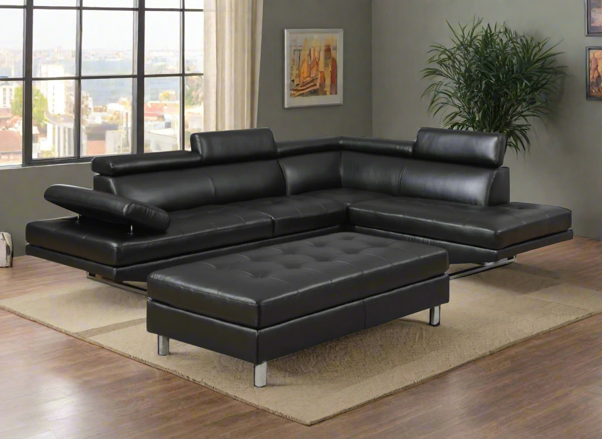 Oscar - Leatherette Sectional  - Black - Right Chaise (Ottoman available)