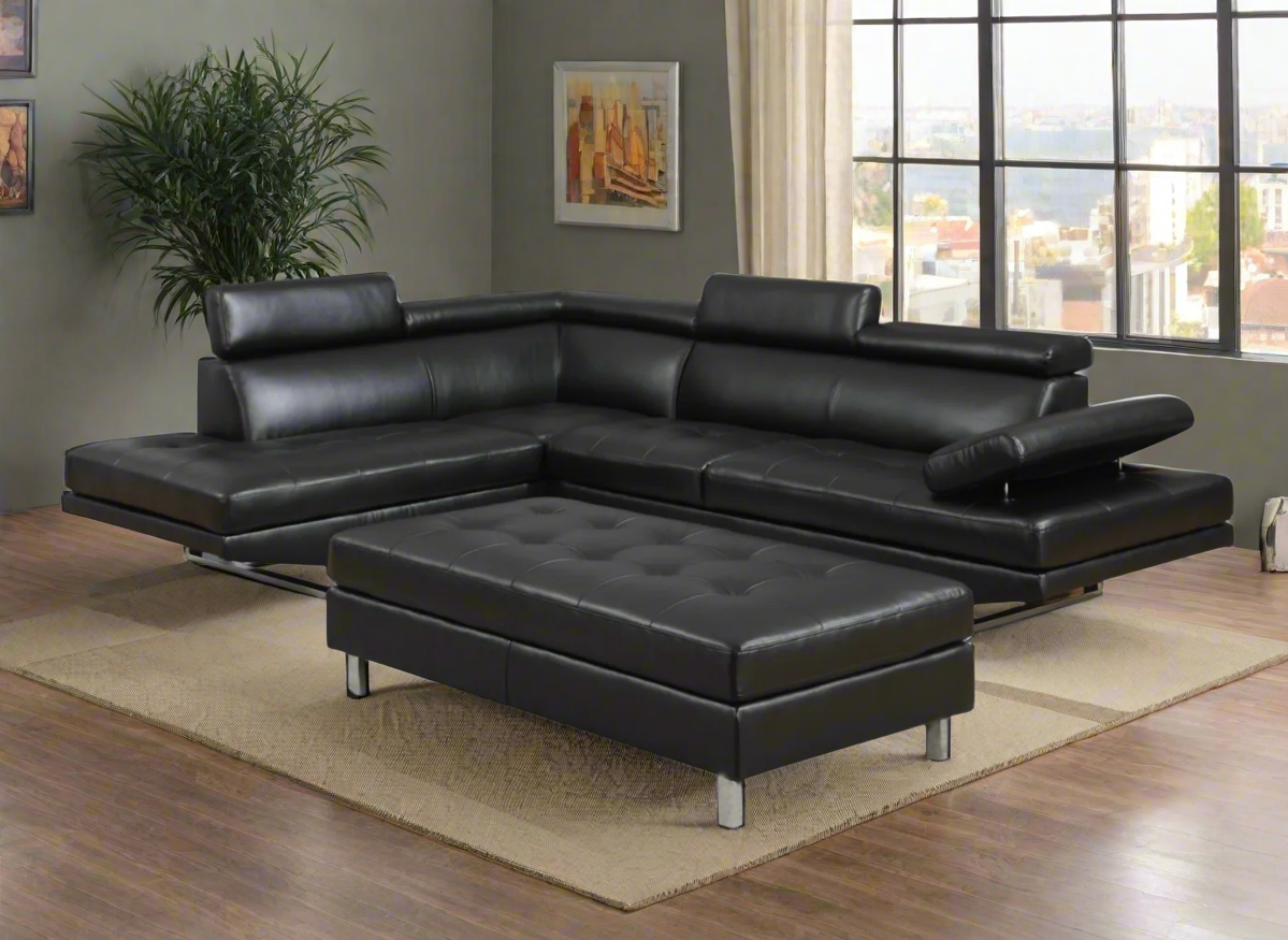 Oscar - Leatherette Sectional  - Black - Left Chaise (Ottoman available)